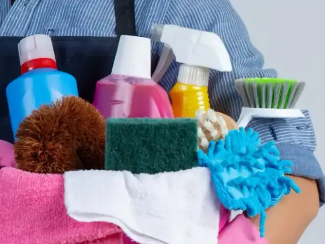 Basket of household cleaning supplies and brushes