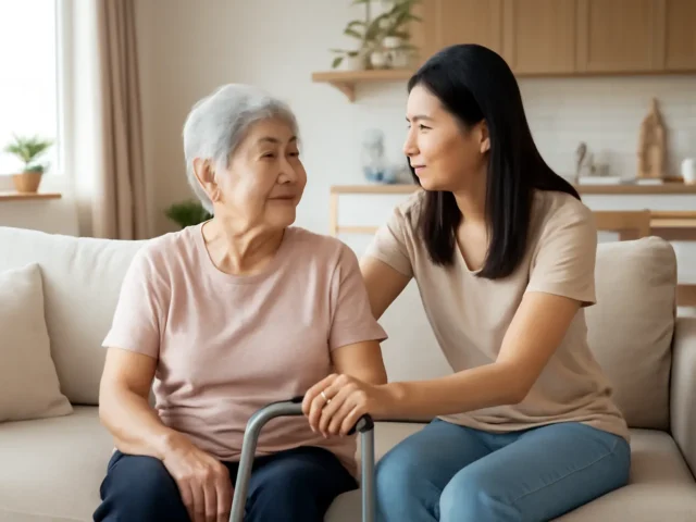 Caregiver comforting an elderly woman with a walking frame on a living room sofa