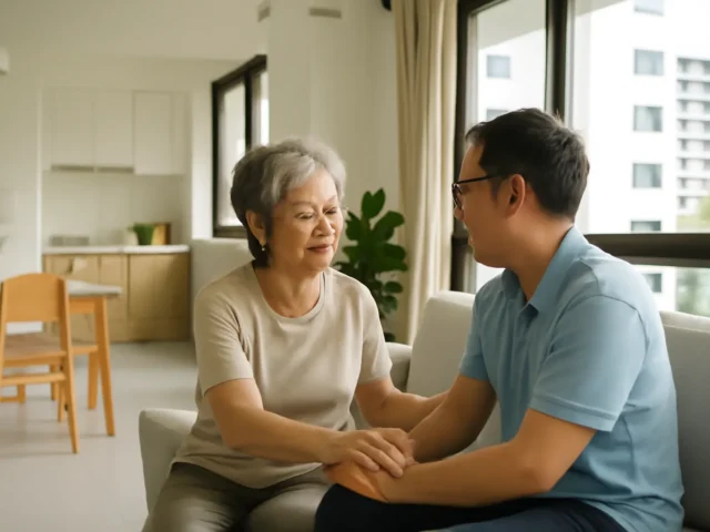 Man holding an older woman's hands as they talk on a sofa at home