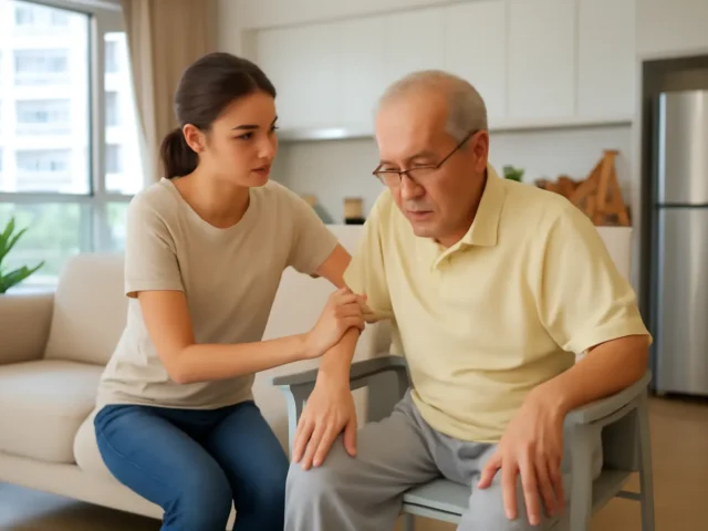 Caregiver steadying an older man as he sits down on a chair at home