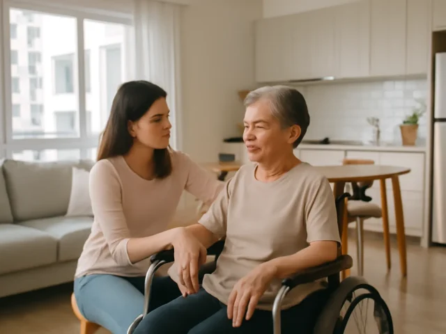 Caregiver kneeling beside a smiling elderly woman in a wheelchair at home