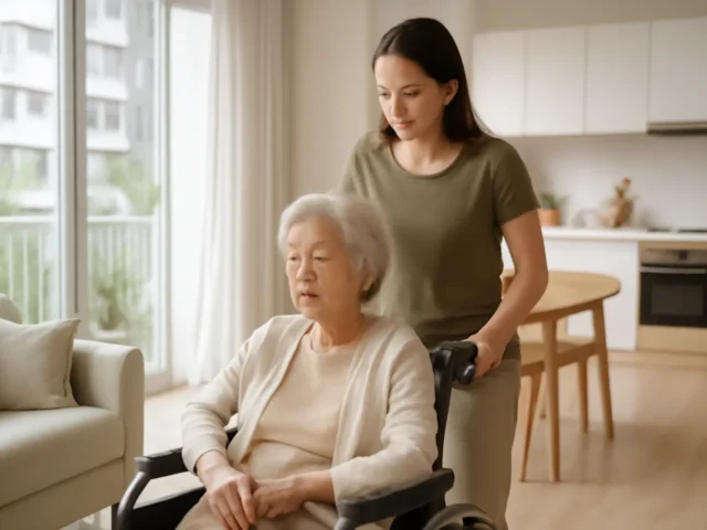 Caregiver pushing an elderly woman in a wheelchair through a bright apartment