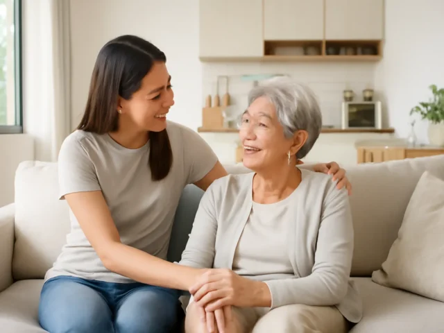 Smiling young woman with her arm around her elderly mother on a sofa