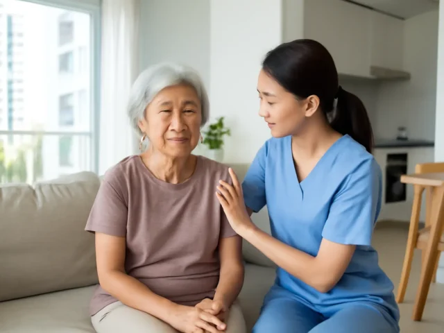 Caregiver in blue scrubs comforting an elderly woman seated on a sofa at home