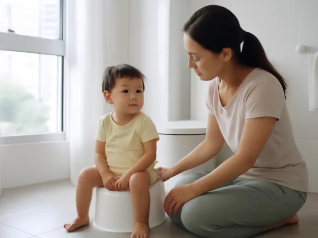 Mother kneeling beside a toddler sitting on a potty in the bathroom