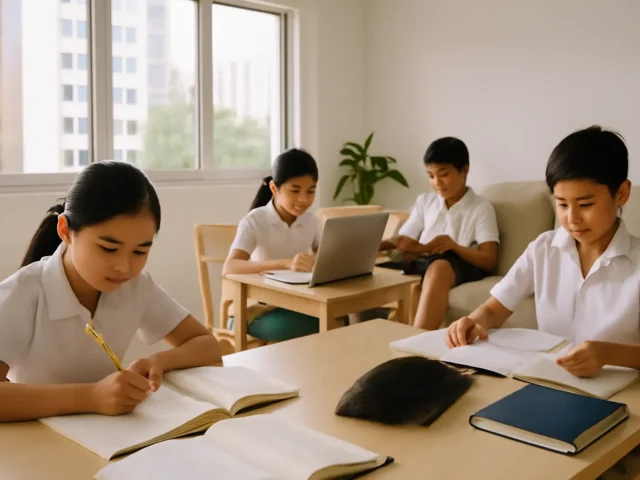 Students in white school uniforms studying with books and a laptop at home