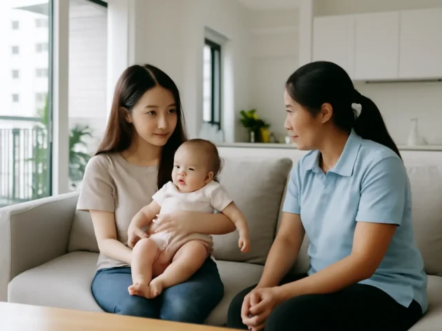 Mother holding a baby on the sofa while talking with a helper