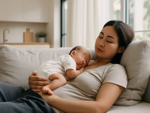 New mother resting on a sofa with her sleeping newborn on her chest