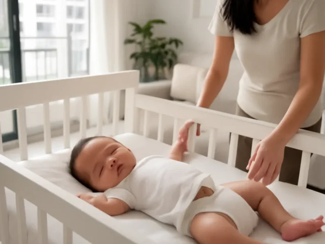 Newborn baby sleeping in a white cot as a parent reaches in to check