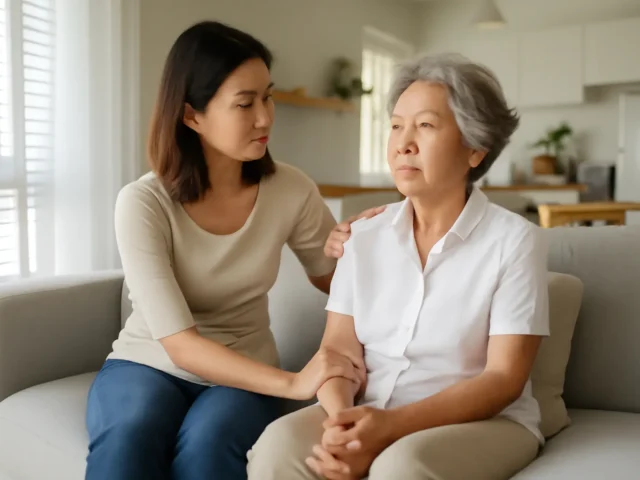 Woman comforting a worried older woman on a sofa at home