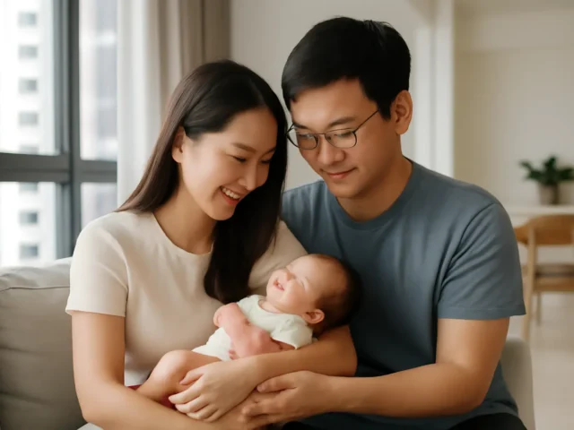 Smiling couple sitting on a sofa holding their newborn baby