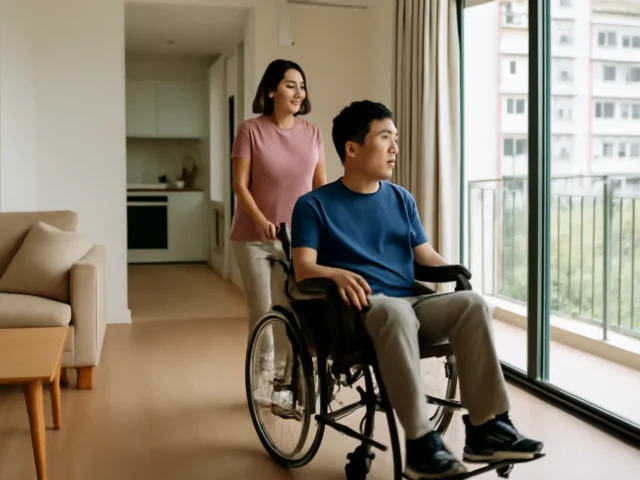 Woman pushing a man in a wheelchair through a bright apartment