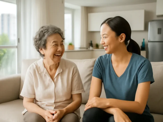 Smiling older woman chatting with a young woman on a sofa at home