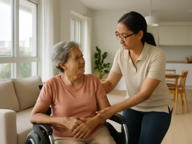 Caregiver gently supporting an elderly woman seated in a wheelchair at home
