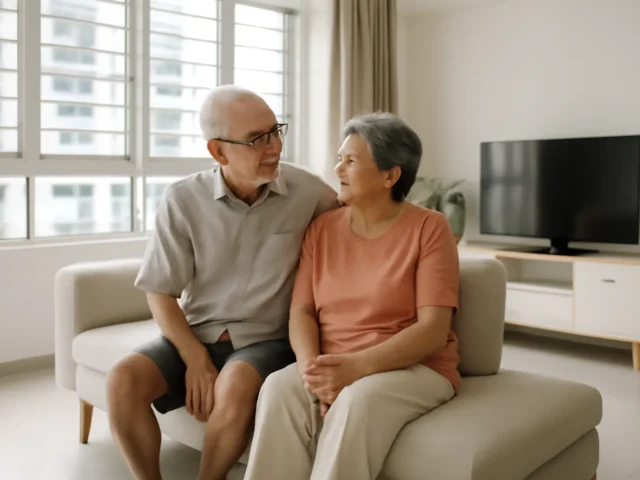 Older couple sitting together on a sofa in their bright living room