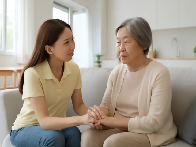 Young caregiver holding an elderly woman's hands while they chat on a sofa