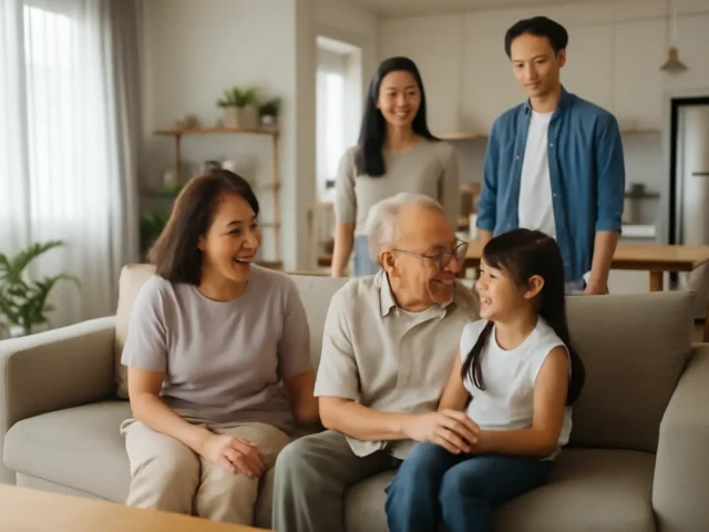 Three generations of a family chatting together on a sofa in their home