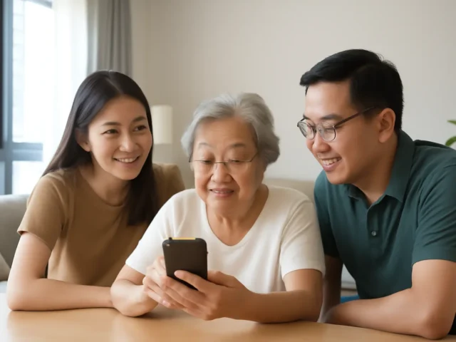 Elderly woman using a smartphone with help from two smiling younger adults