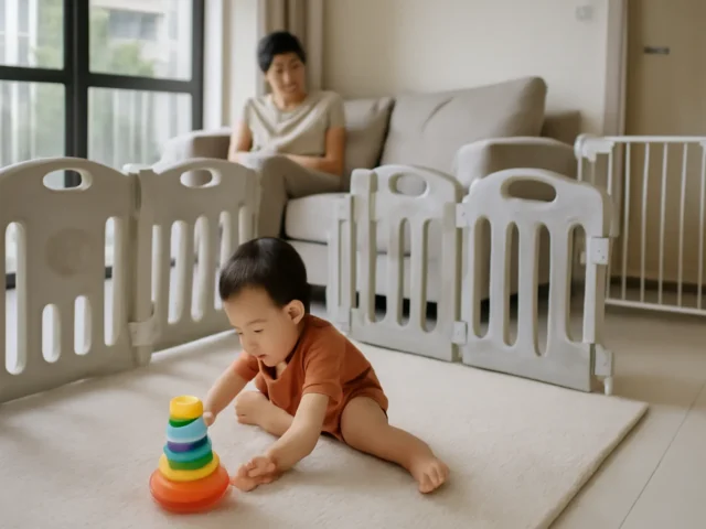 Toddler playing with stacking rings inside a playpen with a baby gate behind