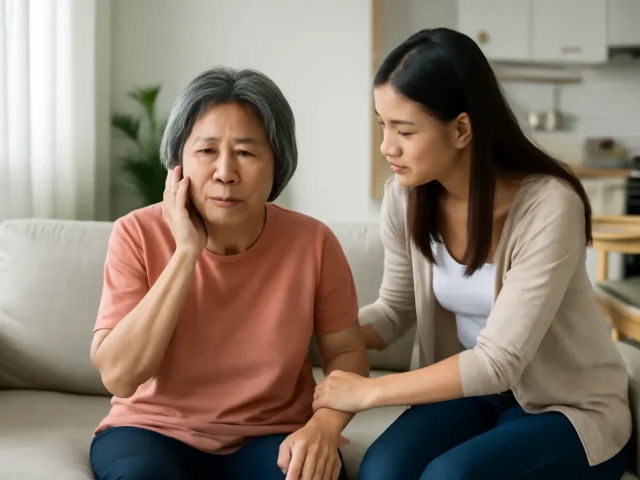 Young woman comforting an older woman holding her face on a sofa