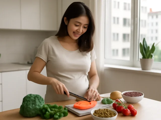 Pregnant woman chopping vegetables beside broccoli, lentils, beans and tomatoes