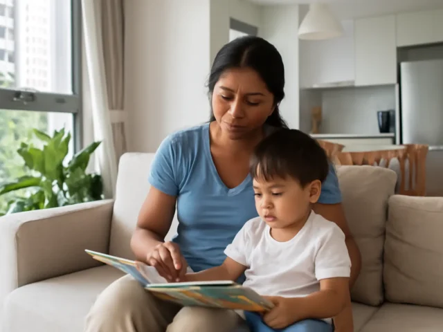 Woman reading a picture book with a young boy on the living room sofa