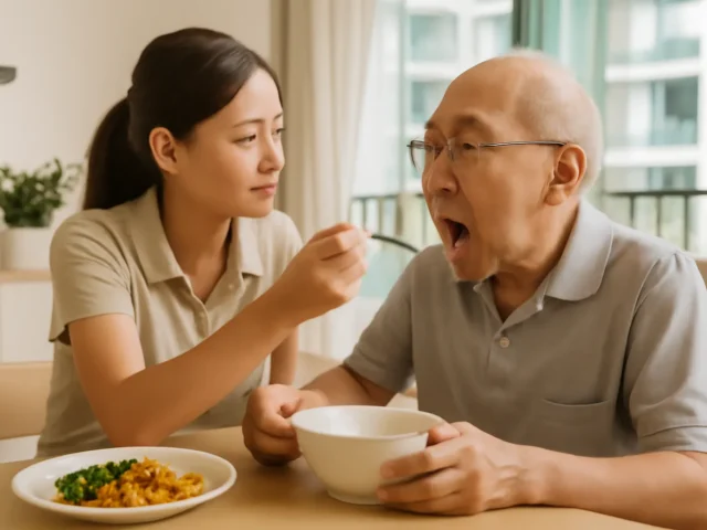 Caregiver spoon feeding an elderly man holding a bowl at the dining table
