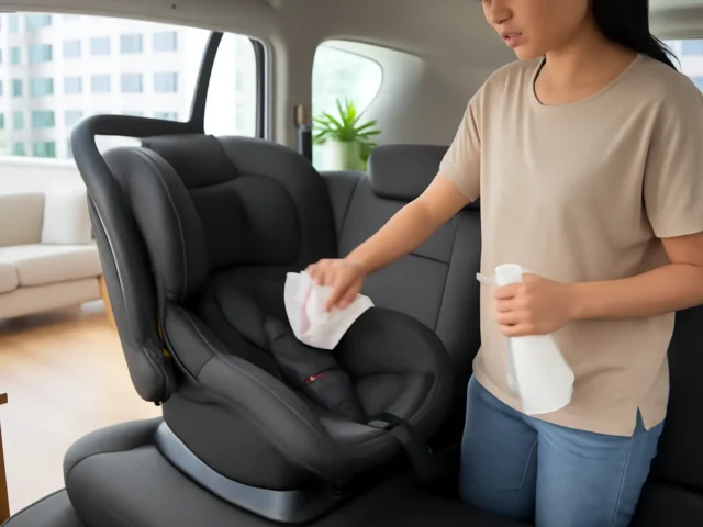 Woman wiping down a black baby car seat with a cloth and spray bottle