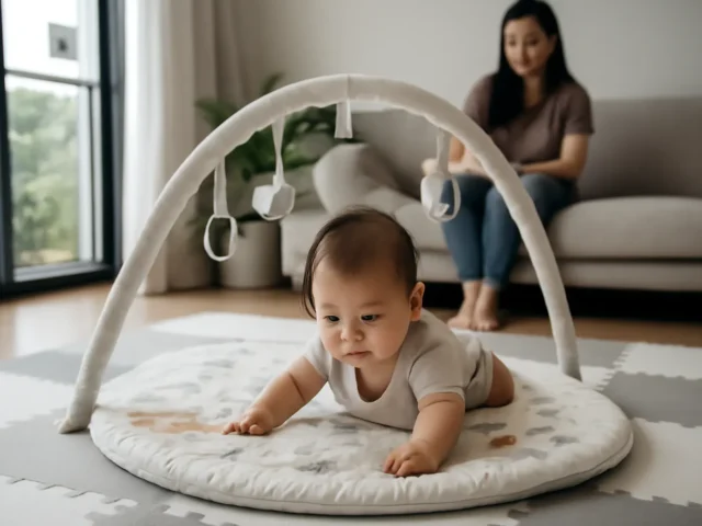 Baby lying on a padded play mat under a play gym while a parent watches