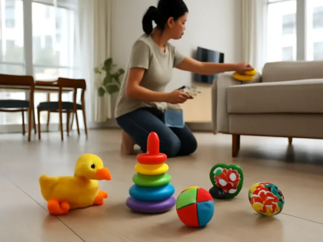 Woman tidying baby toys including a rubber duck and stacking rings on the floor
