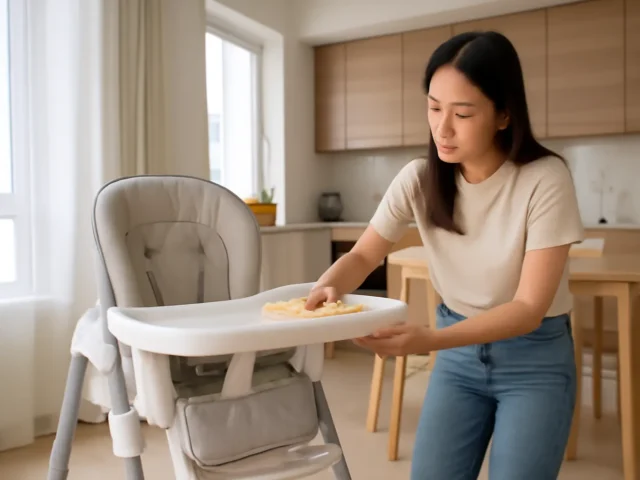 Woman wiping down the tray of a grey baby high chair with a sponge