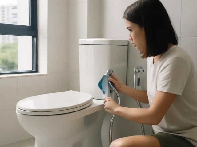 Woman wiping a bidet spray hose with a cloth beside a toilet