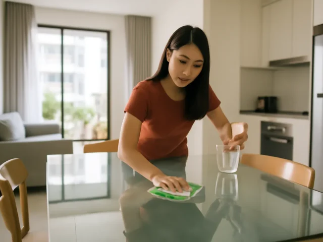 Woman wiping a glass dining table with a green cloth