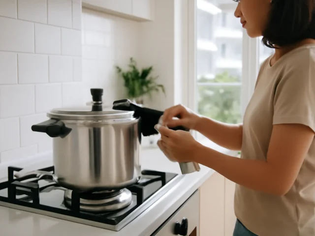 Woman handling the lid parts of a stainless steel pressure cooker on a stove