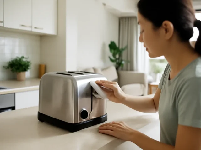 Woman wiping the side of a stainless steel toaster with a cloth