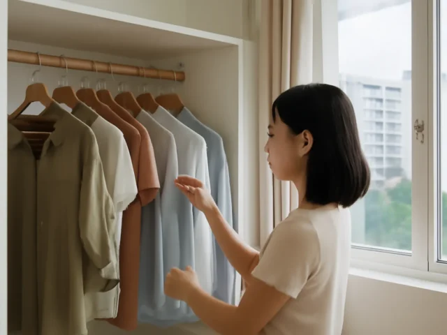 Woman sorting shirts hanging on a rail inside an open wardrobe