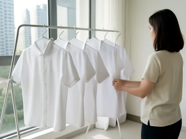 Woman hanging freshly washed white school shirts on a drying rack by a window